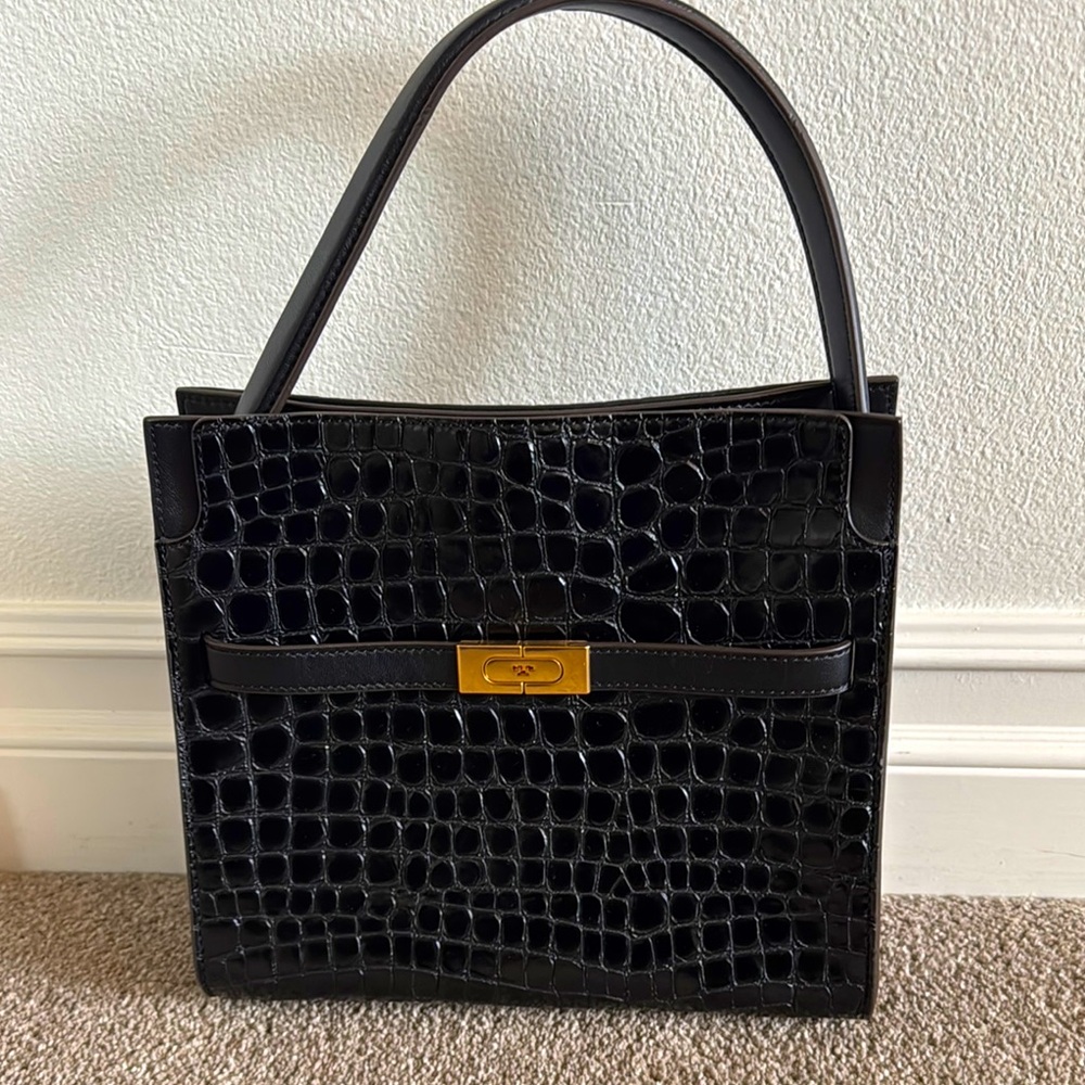 TORY BURCH Lee Radziwill small double bag in black croc embossed leather